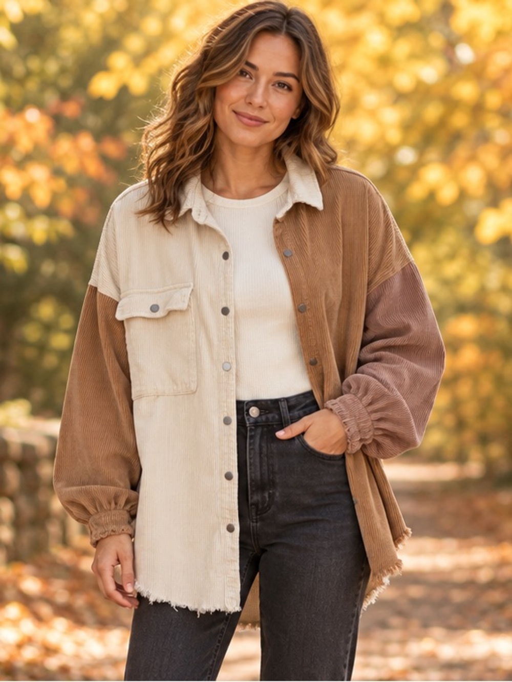 POL Colorblock Corduroy Oversized Boho Shacket Medium Earthy Fall Cozy Warm